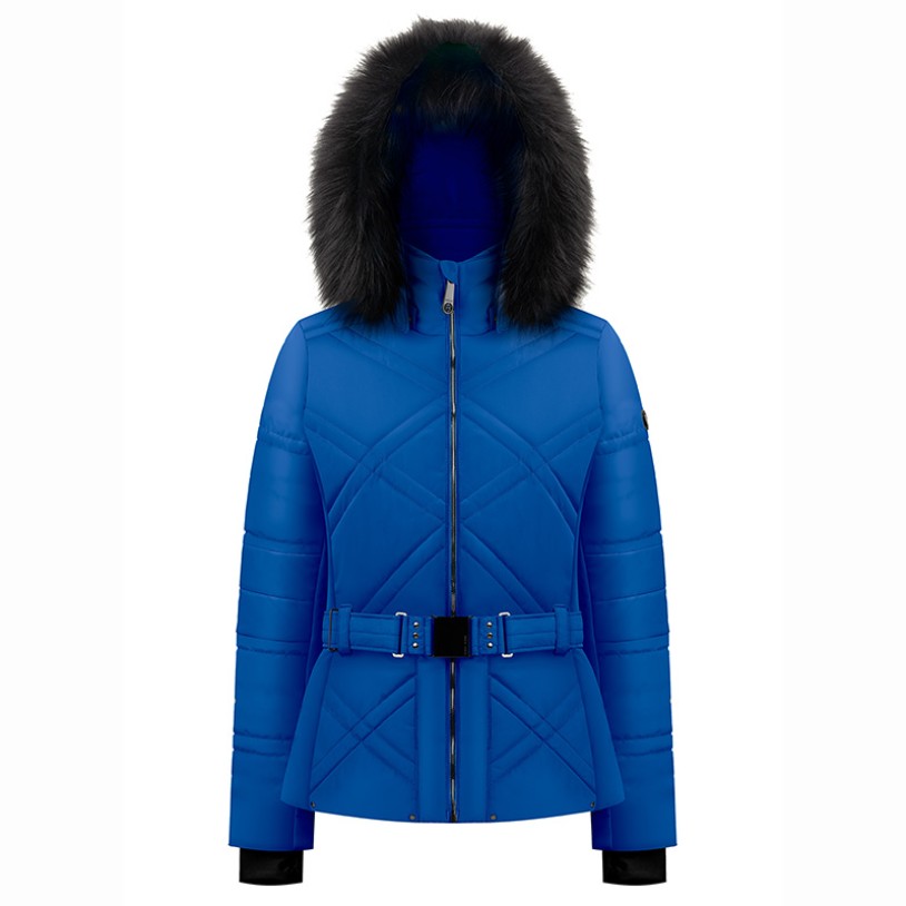 Womens ski jacket acid blue with fake fur