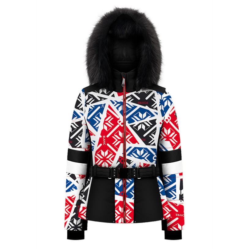 Womens ski jacket print scarlet red with fake fur