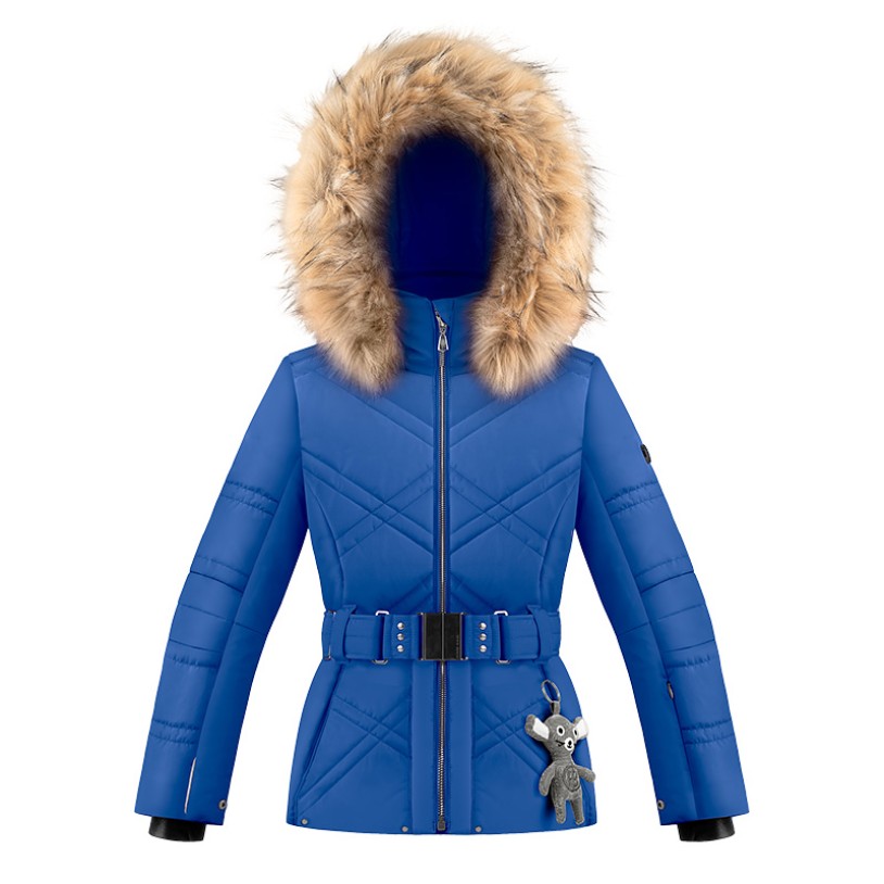 Girls ski jacket acid blue with fake fur