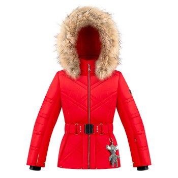 Girls ski jacket scarlet red with fake fur