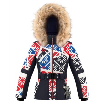 Girls ski jacket print scarlet red with fake fur