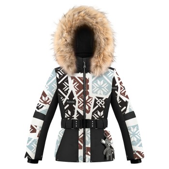 Girls ski jacket print black with fake fur