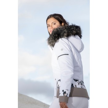 Womens stretch ski jacket white/multi with natural fur