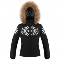 Girls stretch ski jacket fancy black with fake fur