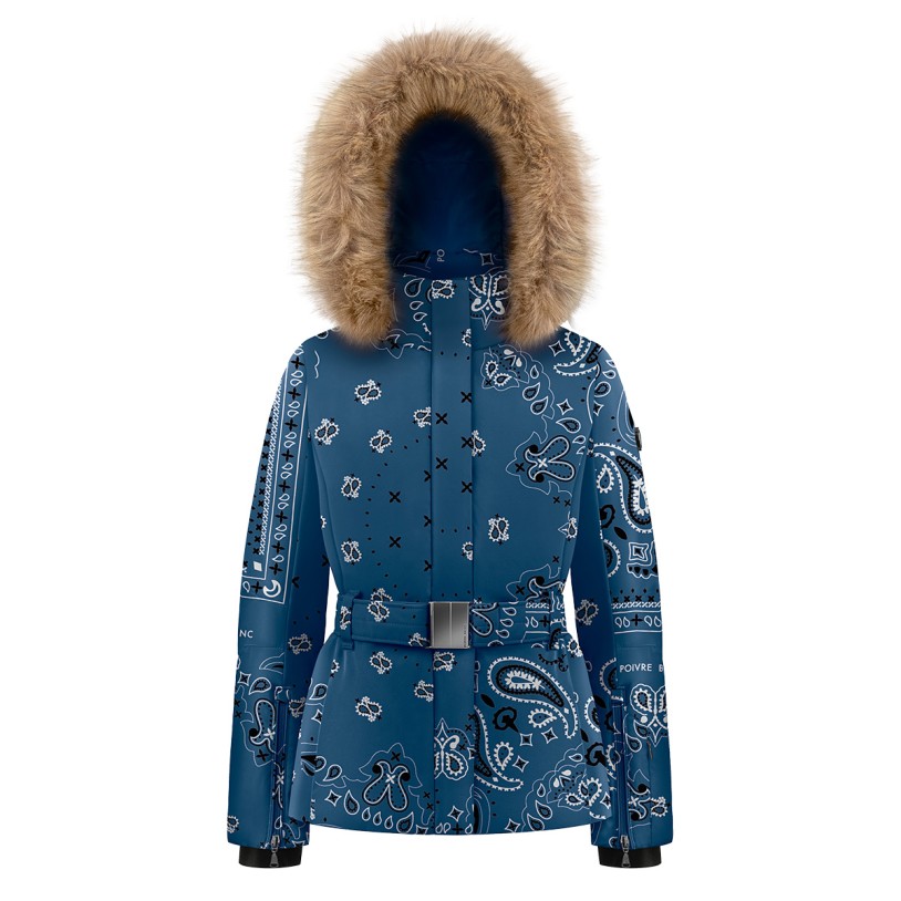 Girls ski jacket with fake fur paisley blue Joana