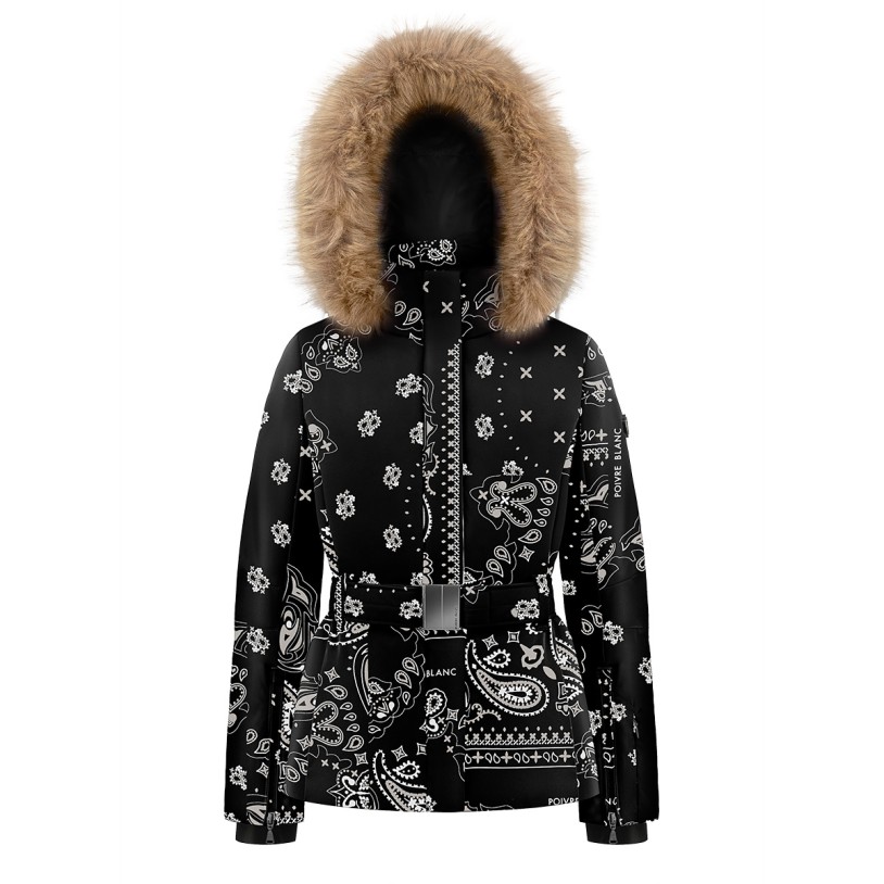 Girls ski jacket with fake fur paisley black Joana