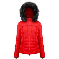 Womens stretch ski jacket scarlet red with fake fur