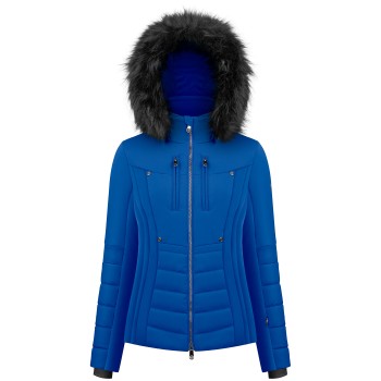 Womens stretch ski jacket infinity blue with fake fur