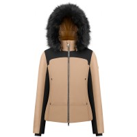 Womens softshell jacket almond brown/black with fake fur