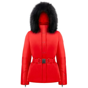 Womens stretch ski jacket scarlet red with fake fur