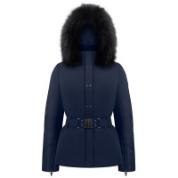 Womens stretch ski jacket gothic blue with fake fur