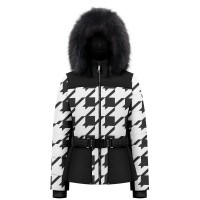 Womens ski jacket check black with fake fur