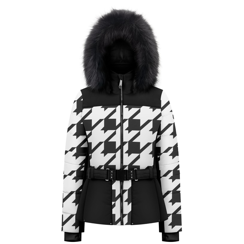 Womens ski jacket check black with fake fur