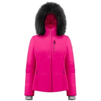 Womens stretch ski jacket magenta pink with fake fur