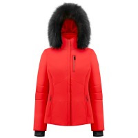 Womens stretch ski jacket scarlet red with fake fur