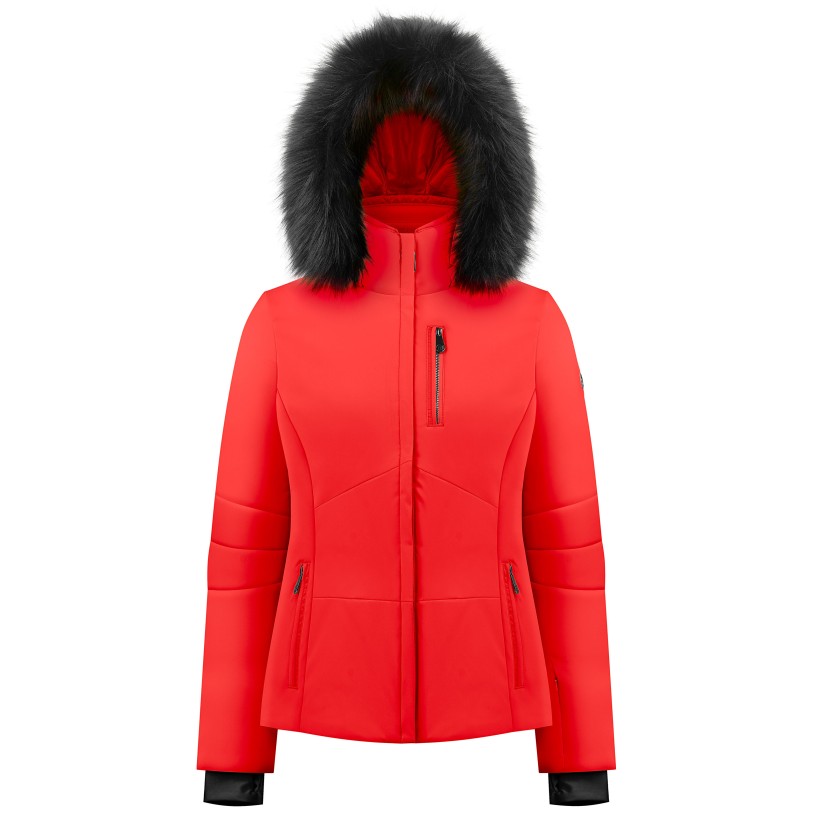 Womens stretch ski jacket scarlet red with fake fur