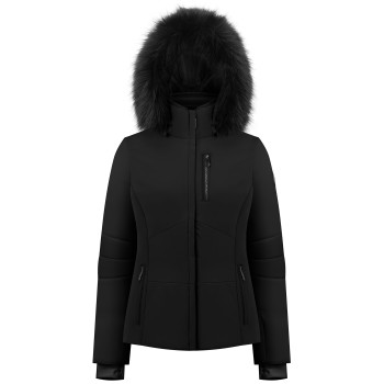 Womens stretch ski jacket black with fake fur