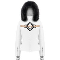 Womens stretch ski jacket print white with fake fur