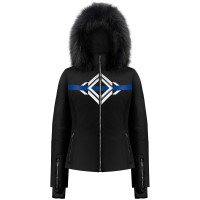 Womens stretch ski jacket print black with fake fur