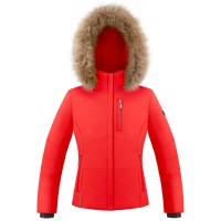 Girls stretch ski jacket scarlet red with fake fur