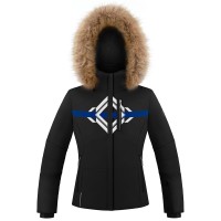 Girls stretch ski jacket print black with fake fur