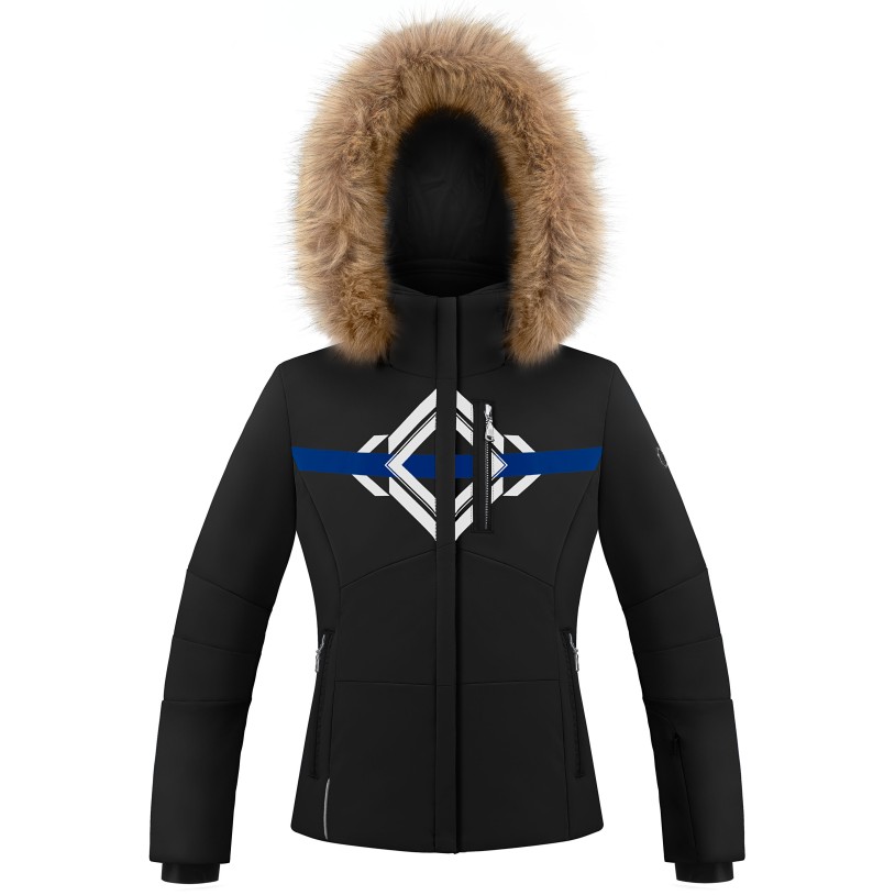 Girls stretch ski jacket print black with fake fur