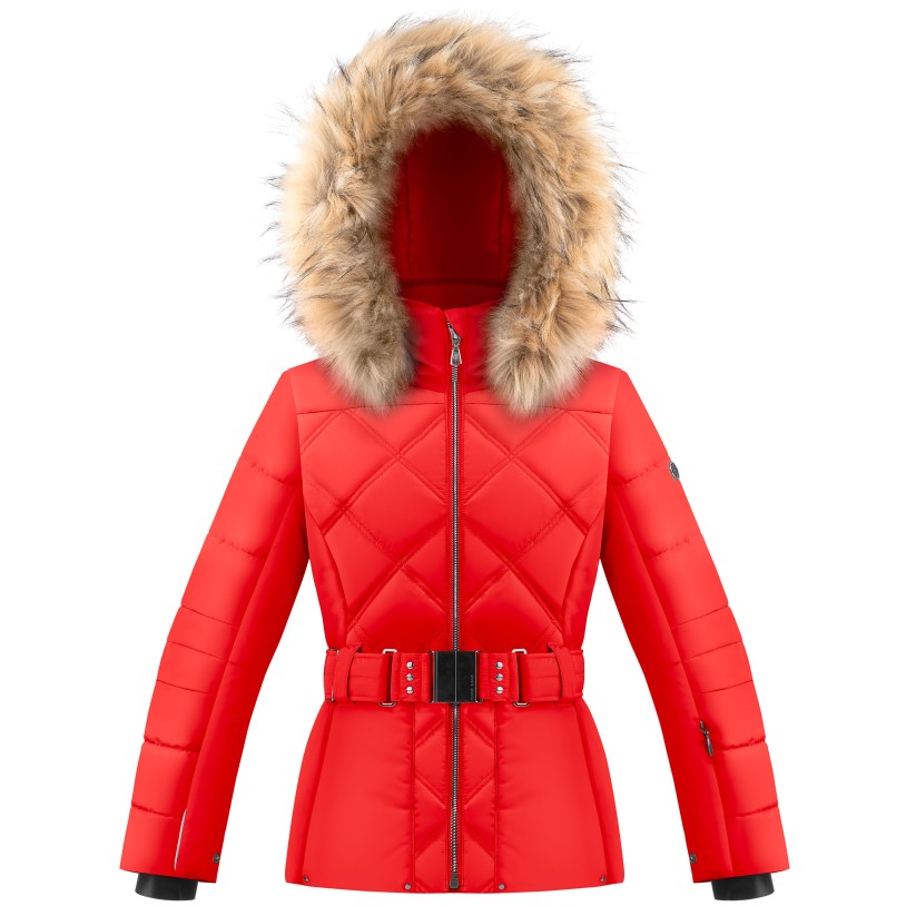 Girls ski jacket scarlet red with fake fur