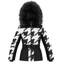 Girls ski jacket check black with fake fur