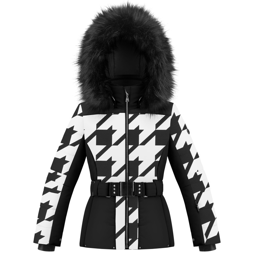 Girls ski jacket check black with fake fur