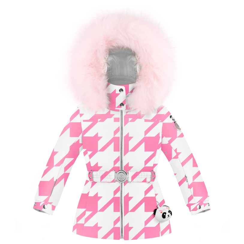 Girls ski jacket check lolly pink with fake fur