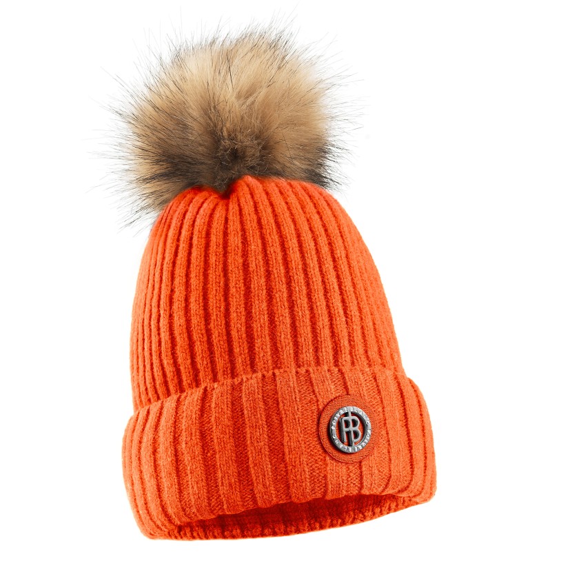 Womens beanie with pompom mandarin orange